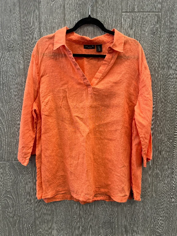 Top 3/4 Sleeve By Tahari By Arthur Levine In Orange, Size: 1x Casual Men's Loose