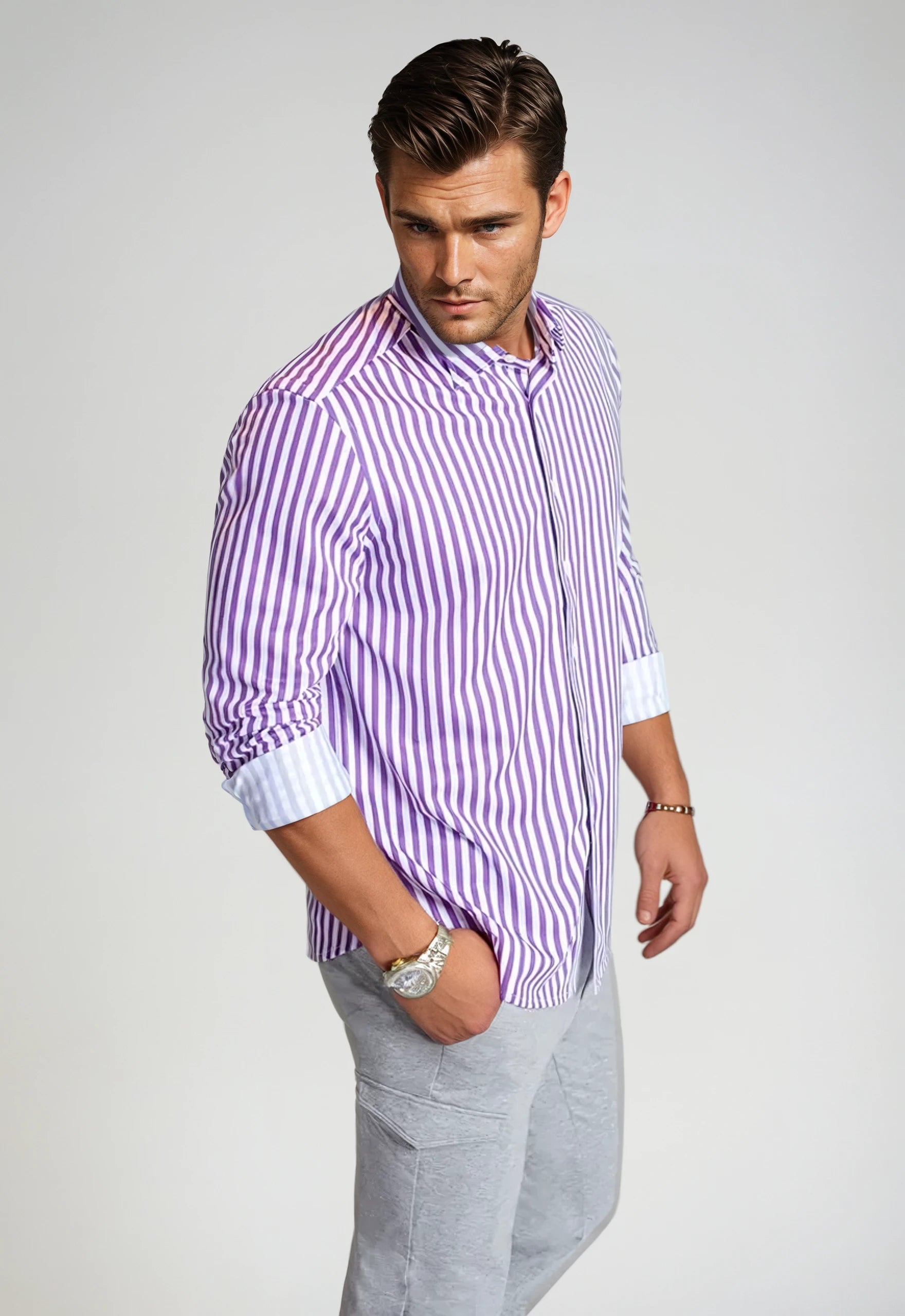 The Go Big Stripe Long Sleeve Tech Shirt - Grape Dapper Men's 1920S