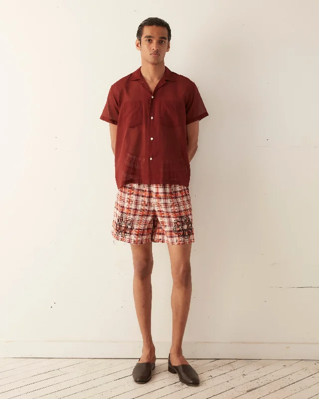 Beaded Floral Madras Shorts - Red Unique Men's Upcycled