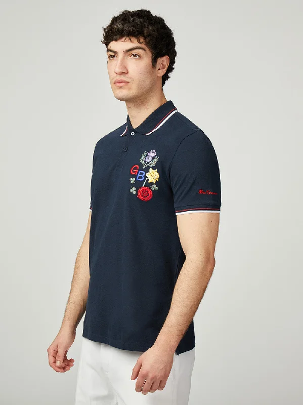 Team GB Floral Embroidered Pique Polo - Dark Navy Vintage Men's 1970S Disco