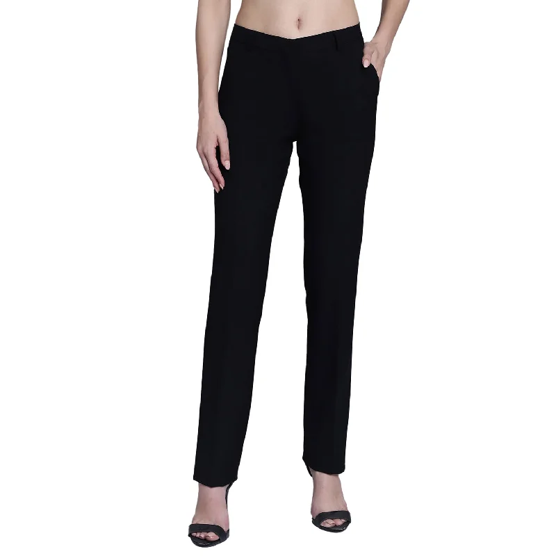 Women's Formal Flat Front Black Full length Mid Rise Trousers Refined Men's European