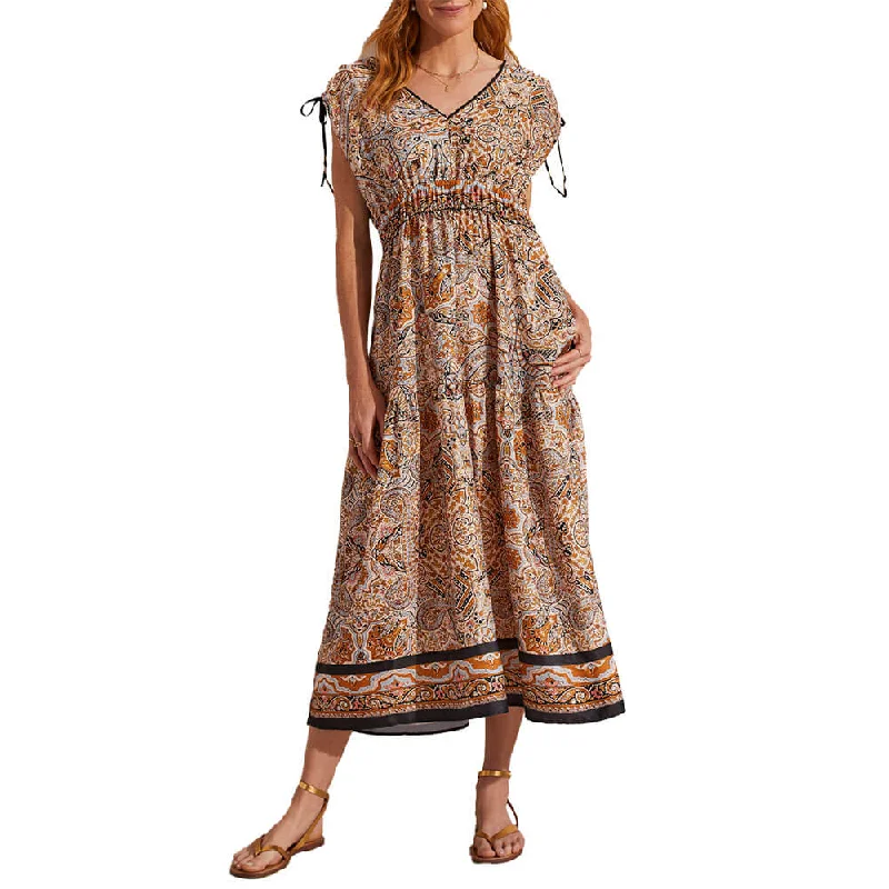 Tribal Border Print Maxi Dress With Shoulder Tie - Caramel Trendy Men's Scandinavian