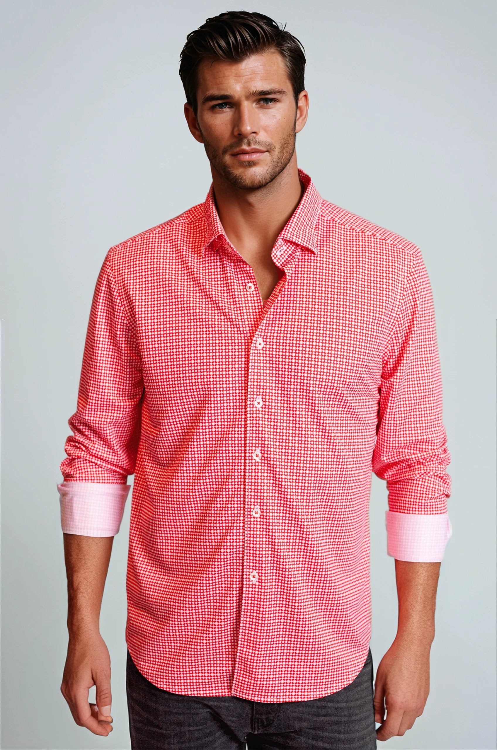 Swiss Check Long Sleeve Tech Shirt - Red Monochromatic Office Style